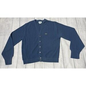 Vintage Izod Lacoste Sweater Mens Medium Blue Cardigan Orlon 80s USA Defect